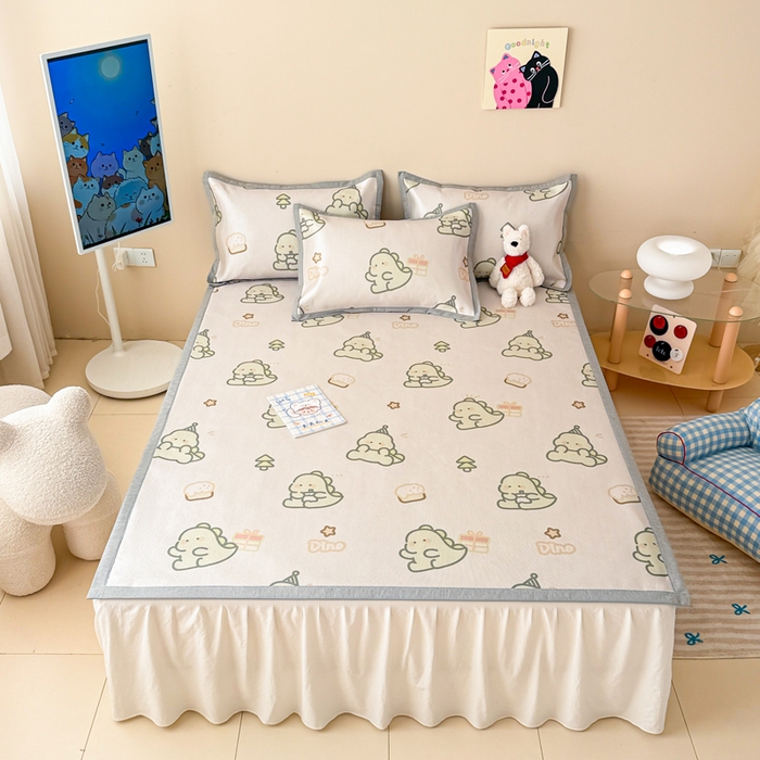 91家纺网 家纺一手货源 找家纺 典曼家纺 2025春夏新款250D冰丝宽边圆网冰丝凉席席子 礼物恐龙