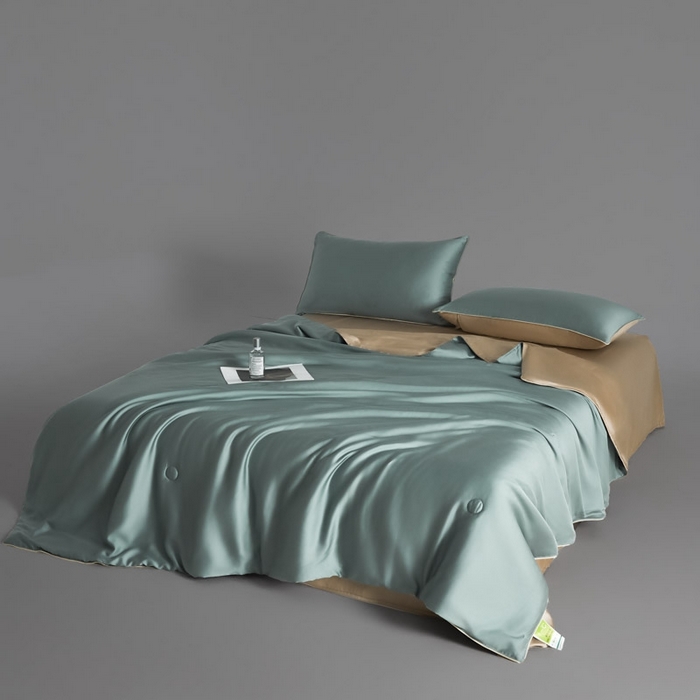91家纺网 家纺一手货源 找家纺 AB家纺2025新品A类莱赛尔双拼50天丝空调夏被四件套 海青绿-卡其