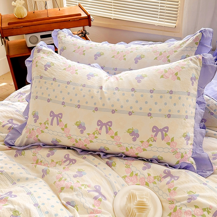 91家纺网 家纺一手货源 找家纺 佳一家纺 2025新款亲肤水洗棉四件套系列 蝴蝶结紫