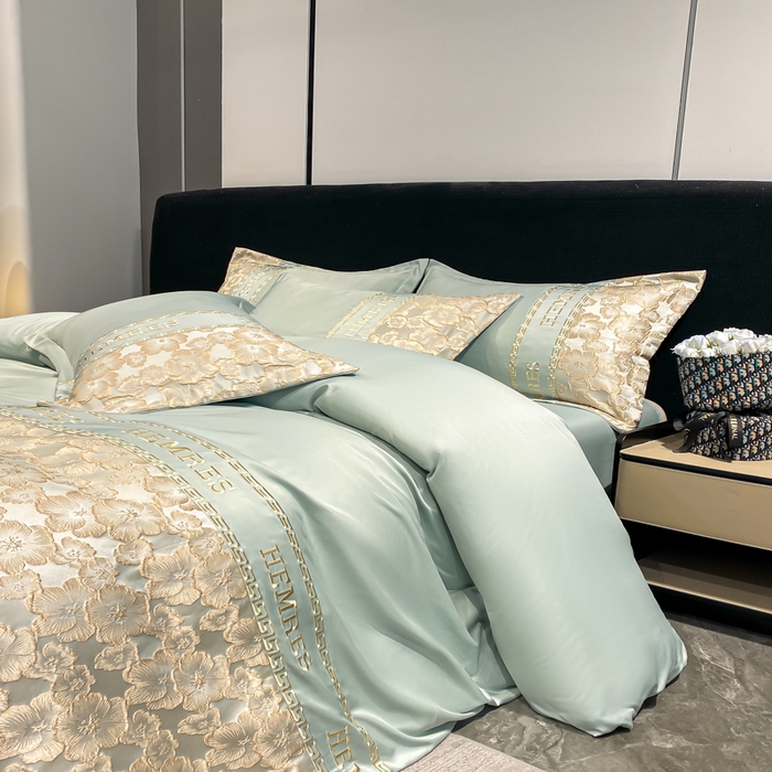 91家纺网 家纺一手货源 找家纺 子曰 2025新款金丝提花浮雕刺绣水洗真丝四件套 花开朵朵-绿