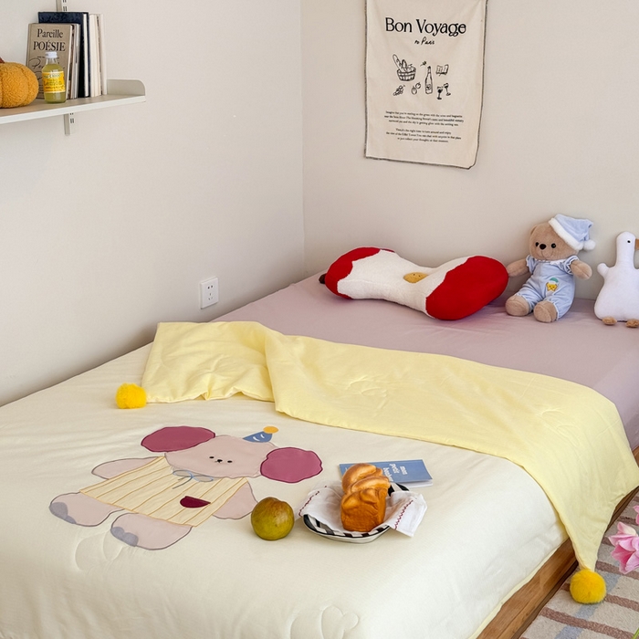 91家纺网 家纺一手货源 找家纺 喜多兔2025新款高精密人字棉贴布绣奶里奶气夏被夏凉被 黄色奶气小狗