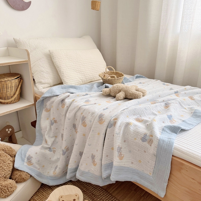 91家纺网 家纺一手货源 找家纺 BOSS 2025新款全棉纯棉皱皱纱儿童盖毯夏被  幼儿园夏被夏凉被空调被 晚安熊
