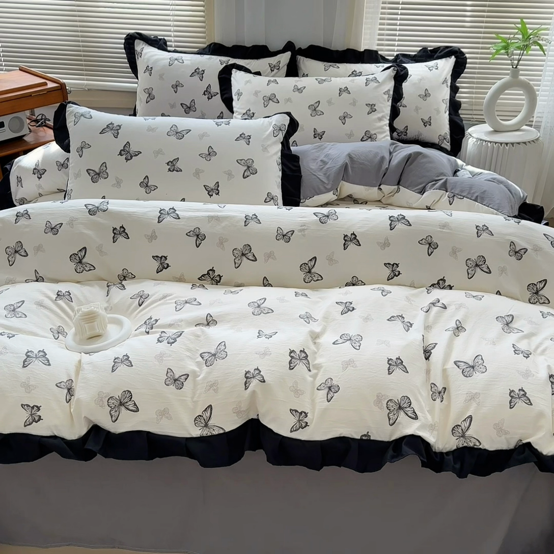 91家纺网 家纺一手货源 找家纺 佳一家纺 2025新款亲肤水洗棉四件套系列 蝶舞