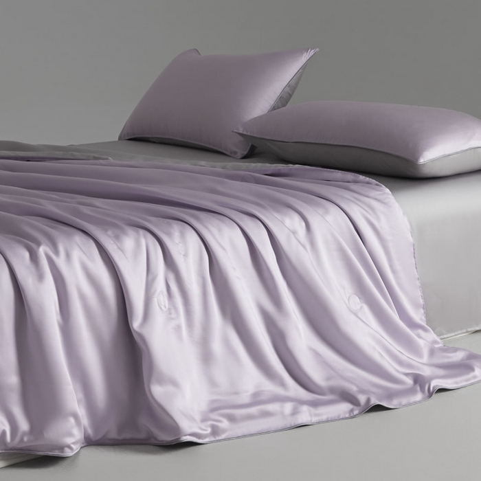 91家纺网 家纺一手货源 找家纺 AB家纺2025新品A类莱赛尔双拼50天丝空调夏被四件套 云霞紫-烟灰