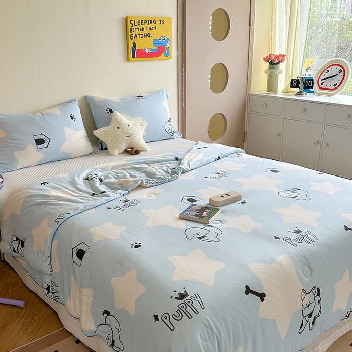 91家纺网 家纺一手货源 找家纺 麦伦家居 2025新款云柔针织棉大豆夏凉被 萌犬蓝