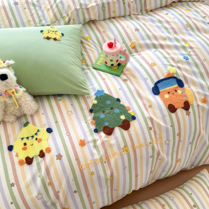 91家纺网 家纺一手货源 找家纺 如意朵2025新款全棉毛巾绣四件套 彩色星星