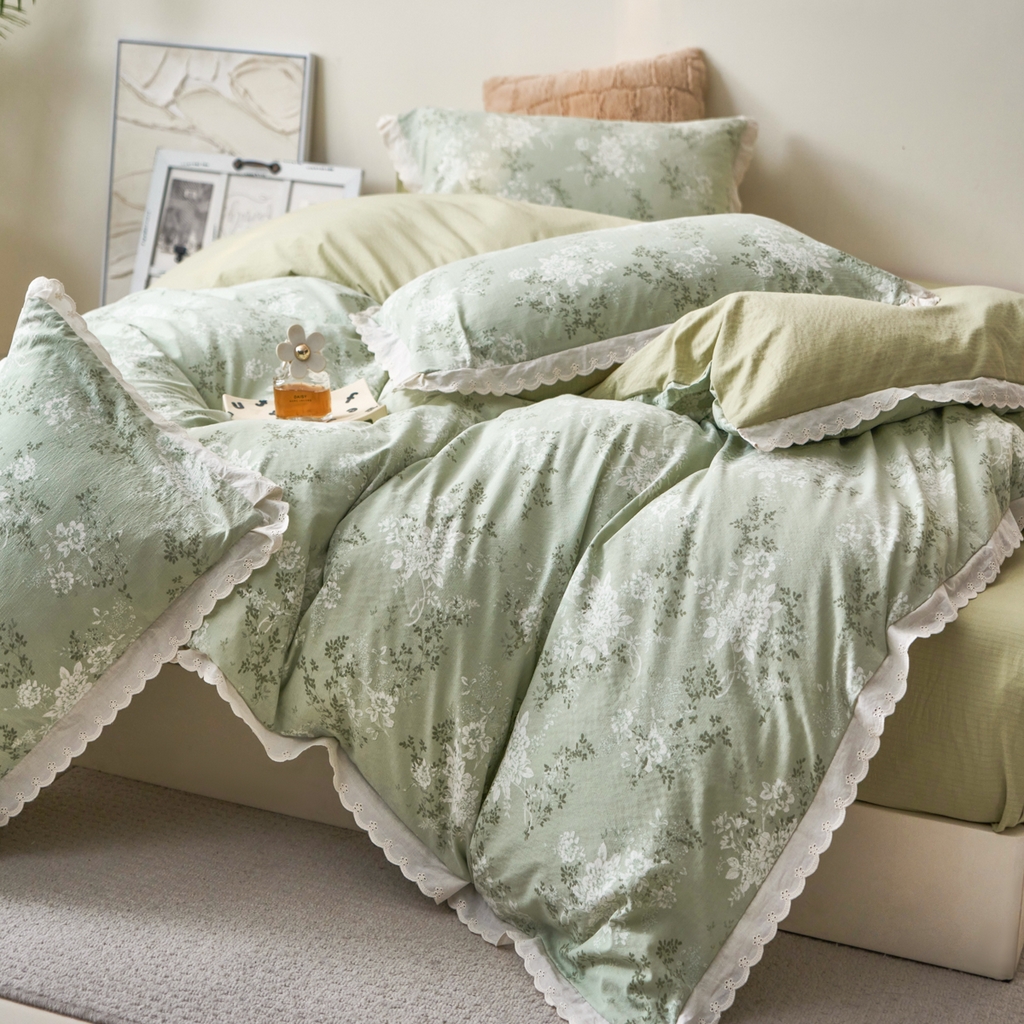 91家纺网 家纺一手货源 找家纺 漫仙阁家纺 2025新款双层纱花边款韩版四件套 绿意