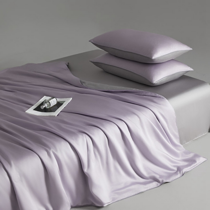 91家纺网 家纺一手货源 找家纺 AB家纺2025新品A类莱赛尔双拼50天丝空调夏被四件套 云霞紫-烟灰