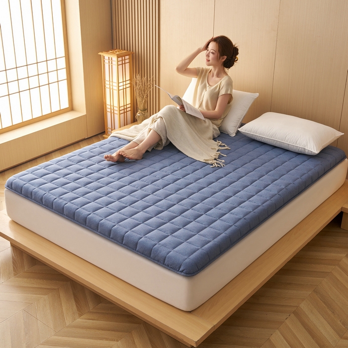 91家纺网 家纺一手货源 找家纺 锦丝钰床垫 2025新款色织水洗棉棉花床垫 牛仔蓝