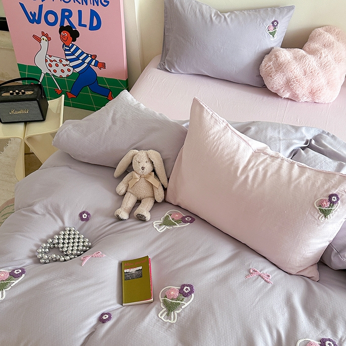 91家纺网 家纺一手货源 找家纺 TT.one 塔塔家居 2025新款全棉双层纱毛巾绣萌宠系列四件套 浪漫假日