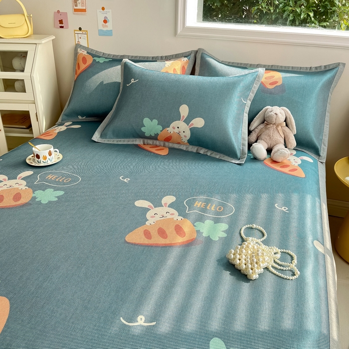 91家纺网 家纺一手货源 找家纺 典曼家纺 2025春夏新款250D冰丝宽边圆网冰丝凉席席子 萝卜兔