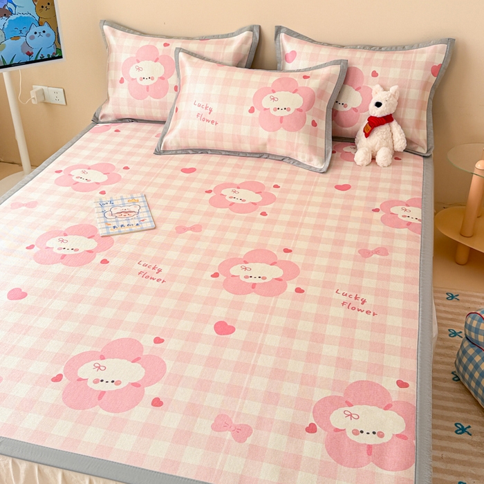 91家纺网 家纺一手货源 找家纺 典曼家纺 2025春夏新款250D冰丝宽边圆网冰丝凉席席子 花开狗狗