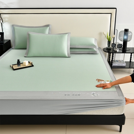 小牛席业2025新款经典条纹冰丝清凉席席子系列（床笠款） 绿色