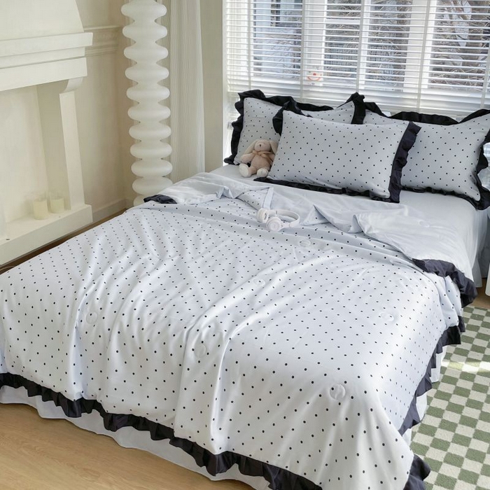 91家纺网 家纺一手货源 找家纺 绣女坊  2025新款水洗天丝夏被四件套 蓝色圆点