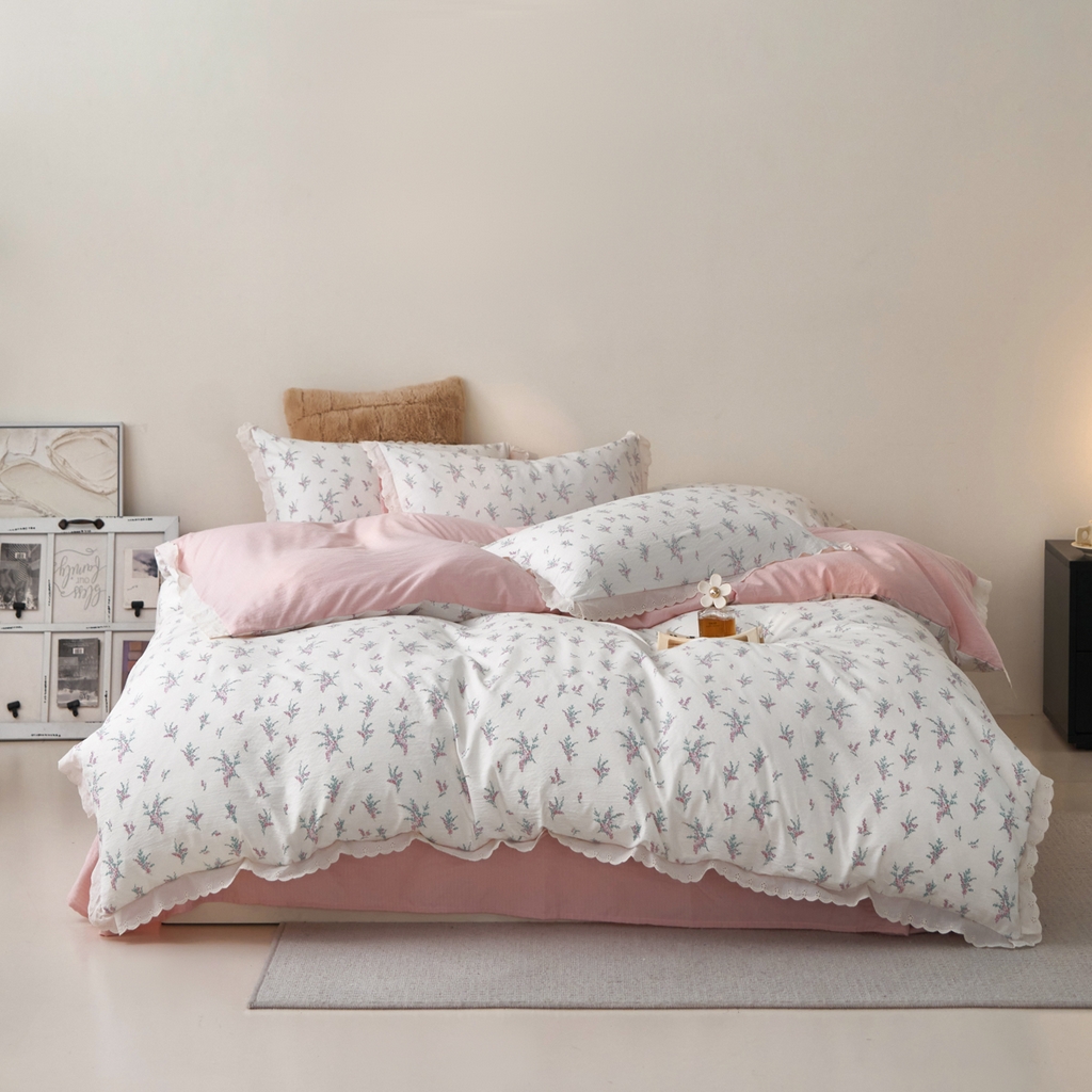 91家纺网 家纺一手货源 找家纺 漫仙阁家纺 2025新款双层纱花边款韩版四件套 白茶