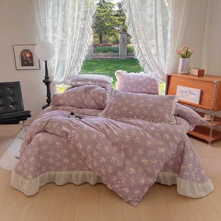 2025新款水洗棉夹棉床盖四件套韩版蕾丝花边小清新针织棉单被套小碎花皱皱棉直播爆款网红四季跑量款 花语