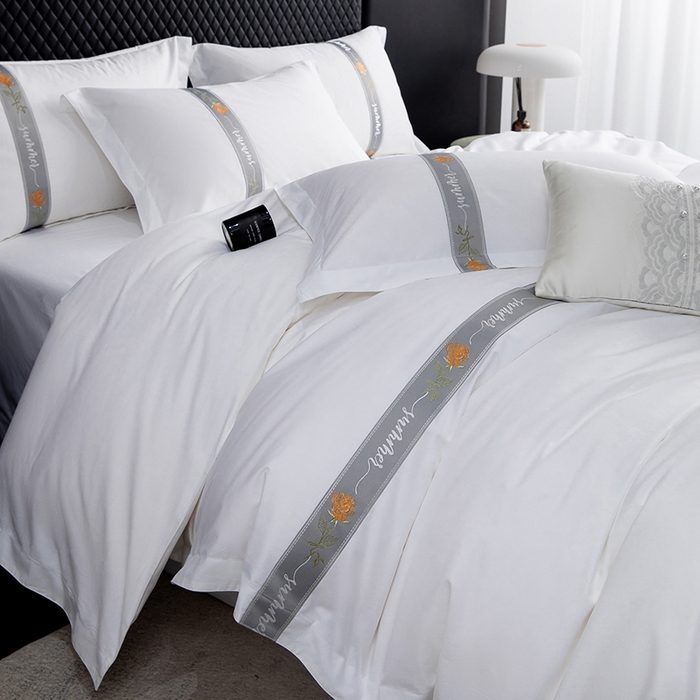 91家纺网 家纺一手货源 找家纺 优必恩 2025新款高支高密民宿酒店织带款四件套套件 浅青