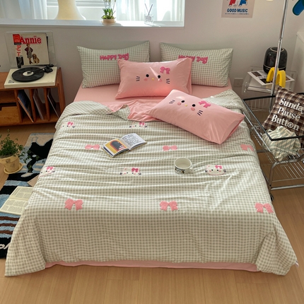 红嘴企鹅2025新款毛巾绣空调被四件套 夏被-绿格小猫