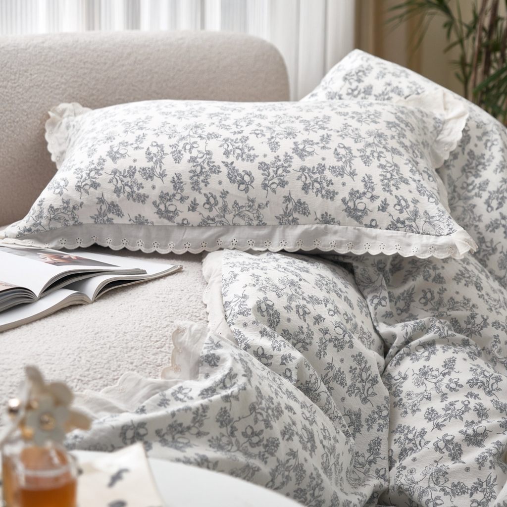 91家纺网 家纺一手货源 找家纺 漫仙阁家纺 2025新款双层纱花边款韩版四件套 法式浪漫