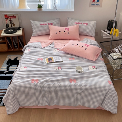 红嘴企鹅2025新款毛巾绣空调被四件套 夏被-蓝格小猫