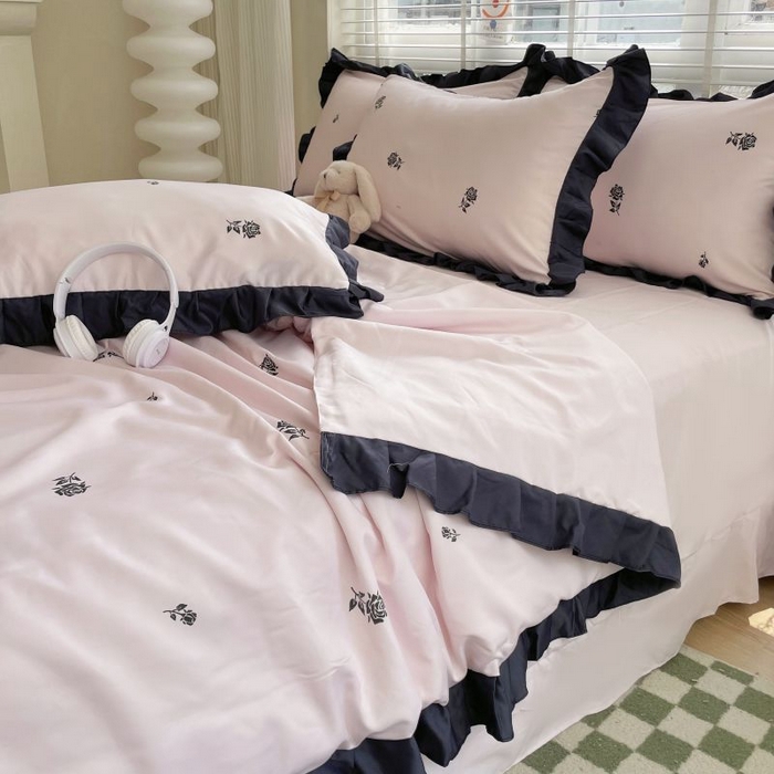 91家纺网 家纺一手货源 找家纺 绣女坊  2025新款水洗天丝夏被四件套 粉色玫瑰