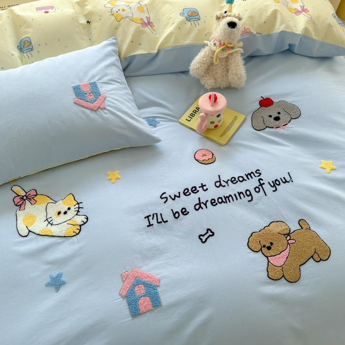 91家纺网 家纺一手货源 找家纺 如意朵2025新款全棉毛巾绣四件套 萌宠乐园