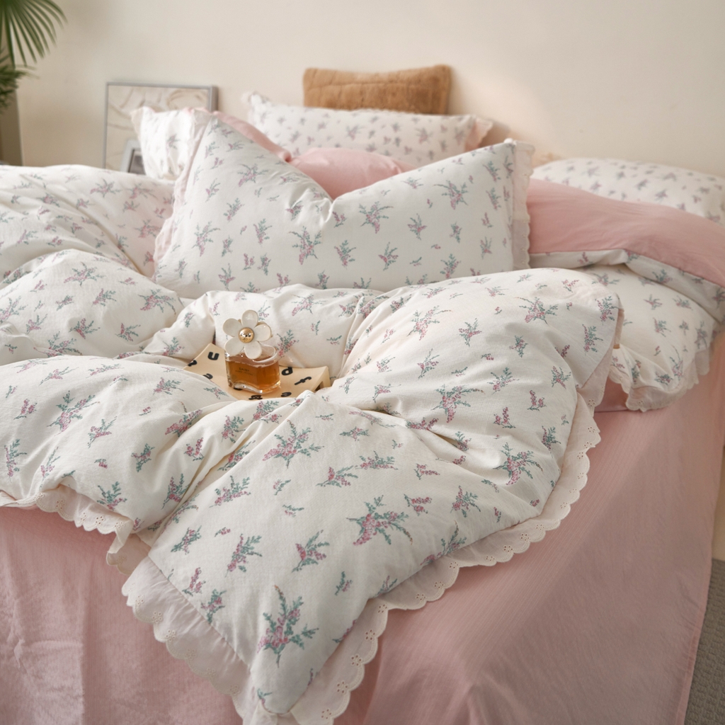 91家纺网 家纺一手货源 找家纺 漫仙阁家纺 2025新款双层纱花边款韩版四件套 白茶