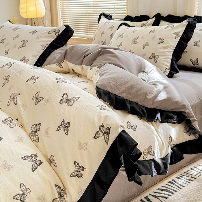 91家纺网 家纺一手货源 找家纺 佳一家纺 2025新款亲肤水洗棉四件套系列 蝶舞