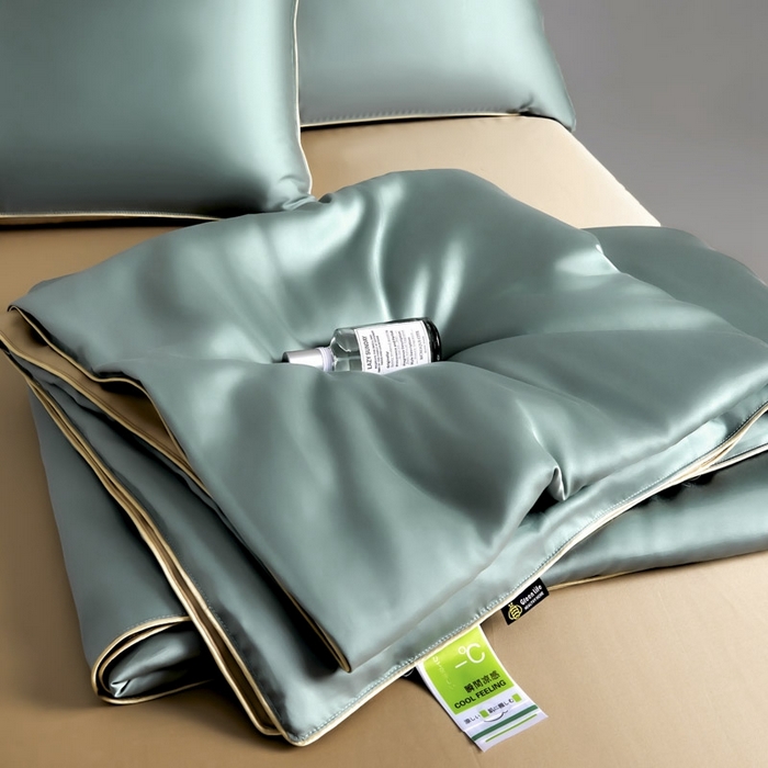 91家纺网 家纺一手货源 找家纺 AB家纺2025新品A类莱赛尔双拼50天丝空调夏被四件套 海青绿-卡其