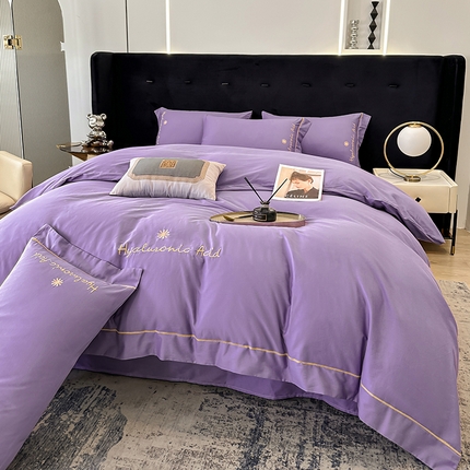 宇彬家纺 2025直播新款13374全棉纯棉母婴级压线一字绣纯色刺绣四件套全棉纯棉贡缎新疆长绒字母款铂金系列 铂金 典雅紫