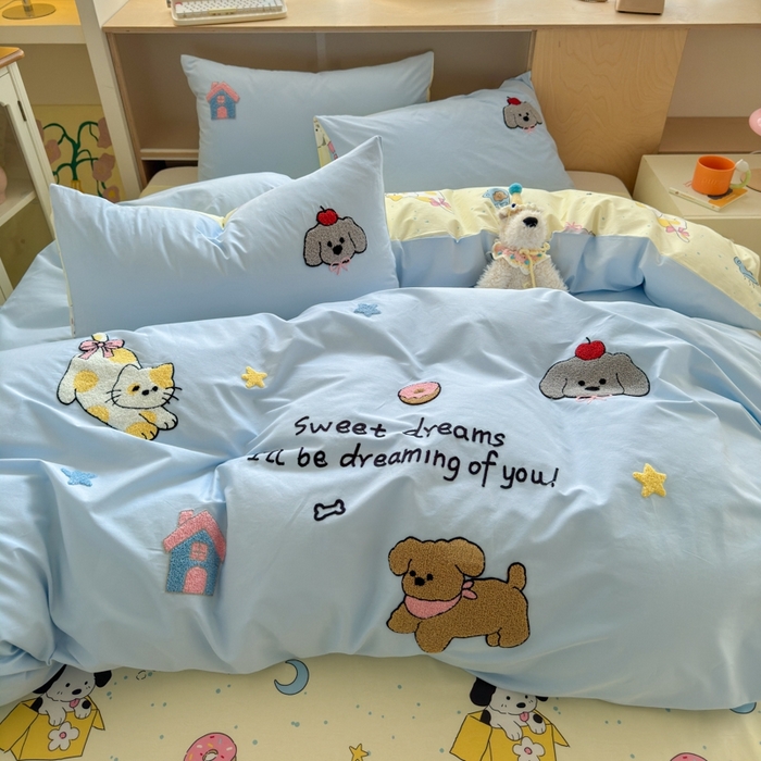 91家纺网 家纺一手货源 找家纺 如意朵2025新款全棉毛巾绣四件套 萌宠乐园