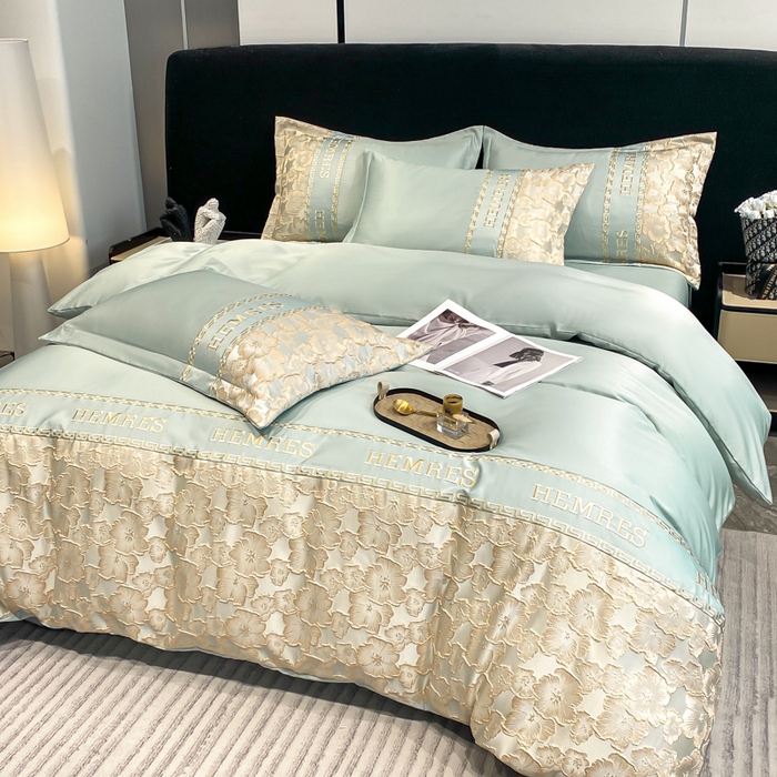 91家纺网 家纺一手货源 找家纺 子曰 2025新款金丝提花浮雕刺绣水洗真丝四件套 花开朵朵-绿