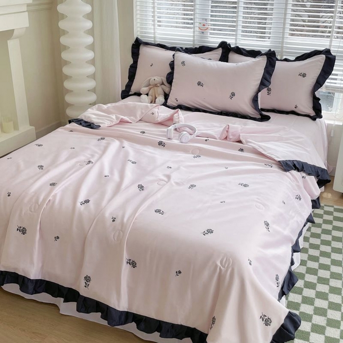 91家纺网 家纺一手货源 找家纺 绣女坊  2025新款水洗天丝夏被四件套 粉色玫瑰