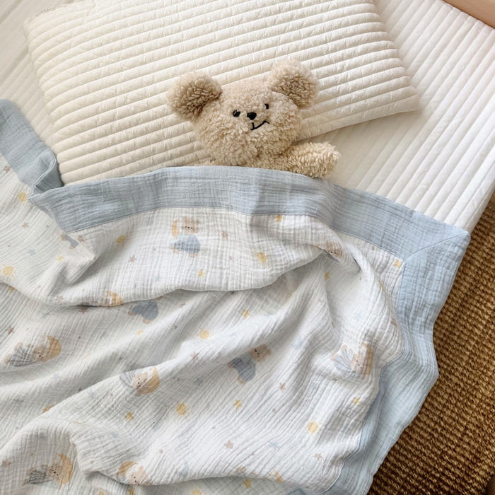 91家纺网 家纺一手货源 找家纺 BOSS 2025新款全棉纯棉皱皱纱儿童盖毯夏被  幼儿园夏被夏凉被空调被 晚安熊