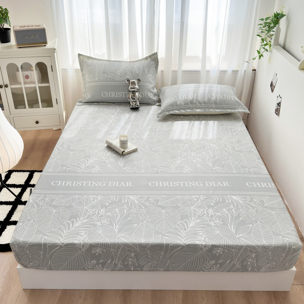 91家纺网 家纺一手货源 找家纺 乐居家纺 2025新款亲肤舒适活性印染水洗冰丝床笠 芳菲-灰