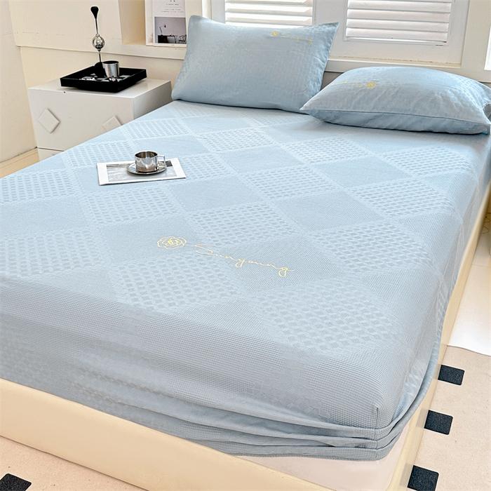 91家纺网 家纺一手货源 找家纺 曼町家居 2025新款全棉华夫格床笠 云水蓝