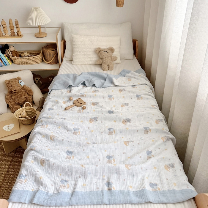 91家纺网 家纺一手货源 找家纺 BOSS 2025新款全棉纯棉皱皱纱儿童盖毯夏被  幼儿园夏被夏凉被空调被 晚安熊