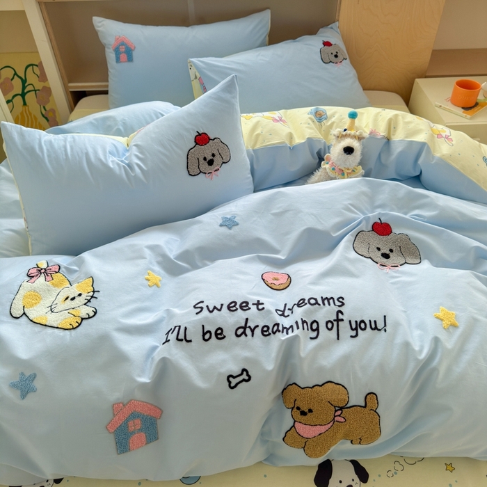 91家纺网 家纺一手货源 找家纺 如意朵2025新款全棉毛巾绣四件套 萌宠乐园