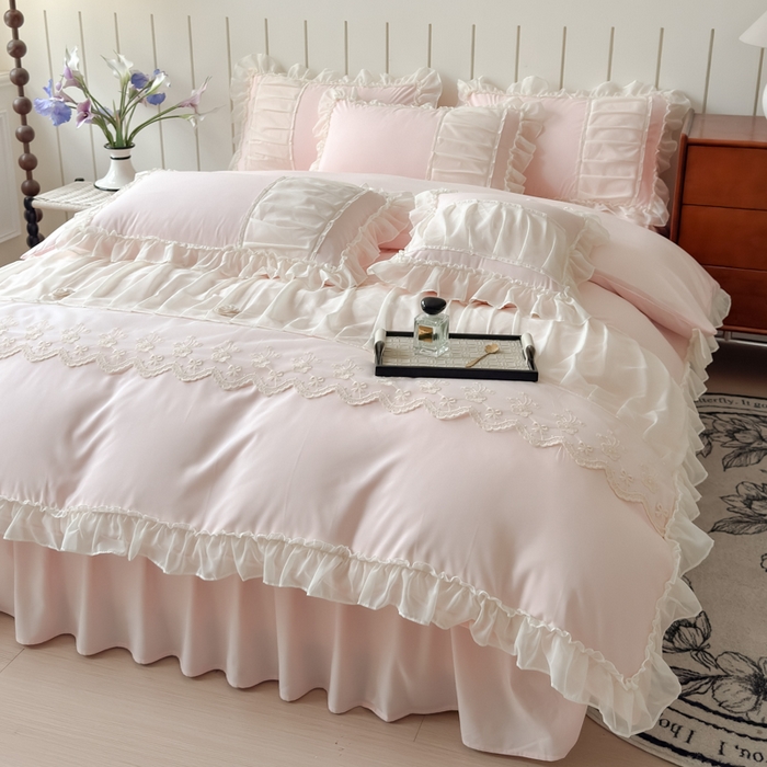 91家纺网 家纺一手货源 找家纺 狂想家 2025高定蕾丝糯小棉安妮系列四件套 蜜桃粉