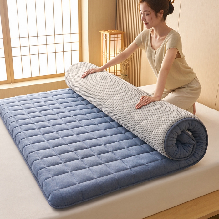 91家纺网 家纺一手货源 找家纺 锦丝钰床垫 2025新款色织水洗棉棉花床垫 牛仔蓝