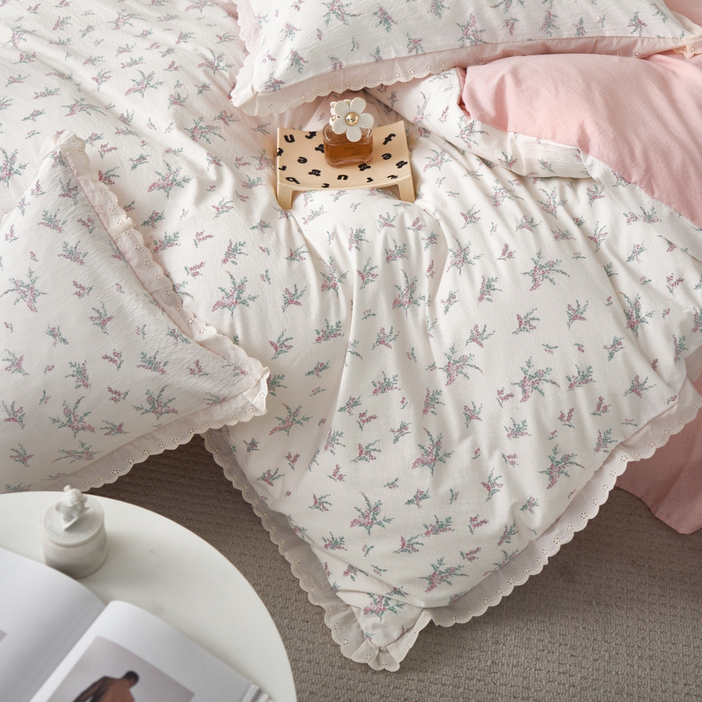 91家纺网 家纺一手货源 找家纺 漫仙阁家纺 2025新款双层纱花边款韩版四件套 白茶