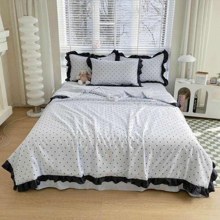 91家纺网 家纺一手货源 找家纺 绣女坊  2025新款水洗天丝夏被四件套 蓝色圆点