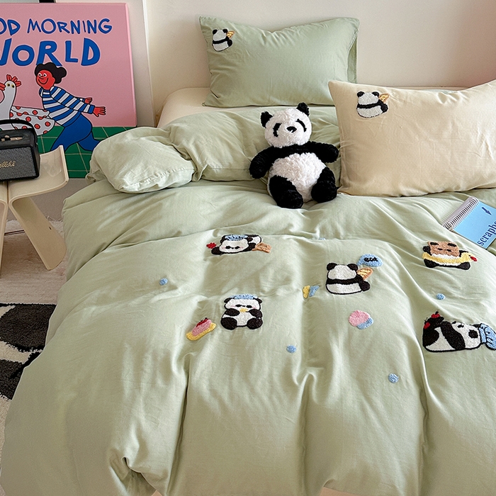 91家纺网 家纺一手货源 找家纺 TT.one 塔塔家居 2025新款全棉双层纱毛巾绣萌宠系列四件套 福气团团