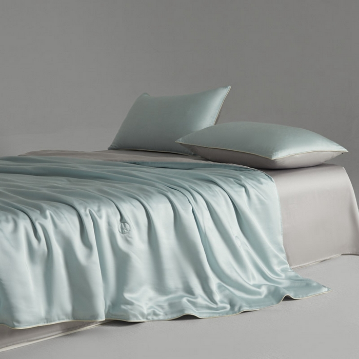 91家纺网 家纺一手货源 找家纺 AB家纺2025新品A类莱赛尔双拼50天丝空调夏被四件套 冰川蓝-烟灰