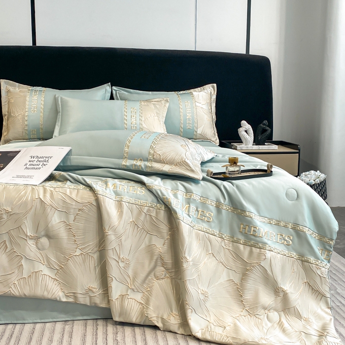 91家纺网 家纺一手货源 找家纺 子曰 2025新款金丝提花浮雕刺绣水洗真丝夏被四件套夏凉被空调被 花语-绿