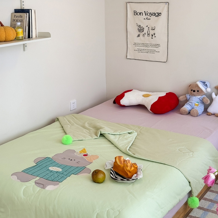 91家纺网 家纺一手货源 找家纺 喜多兔2025新款高精密人字棉贴布绣奶里奶气夏被夏凉被 绿色奶气小猫