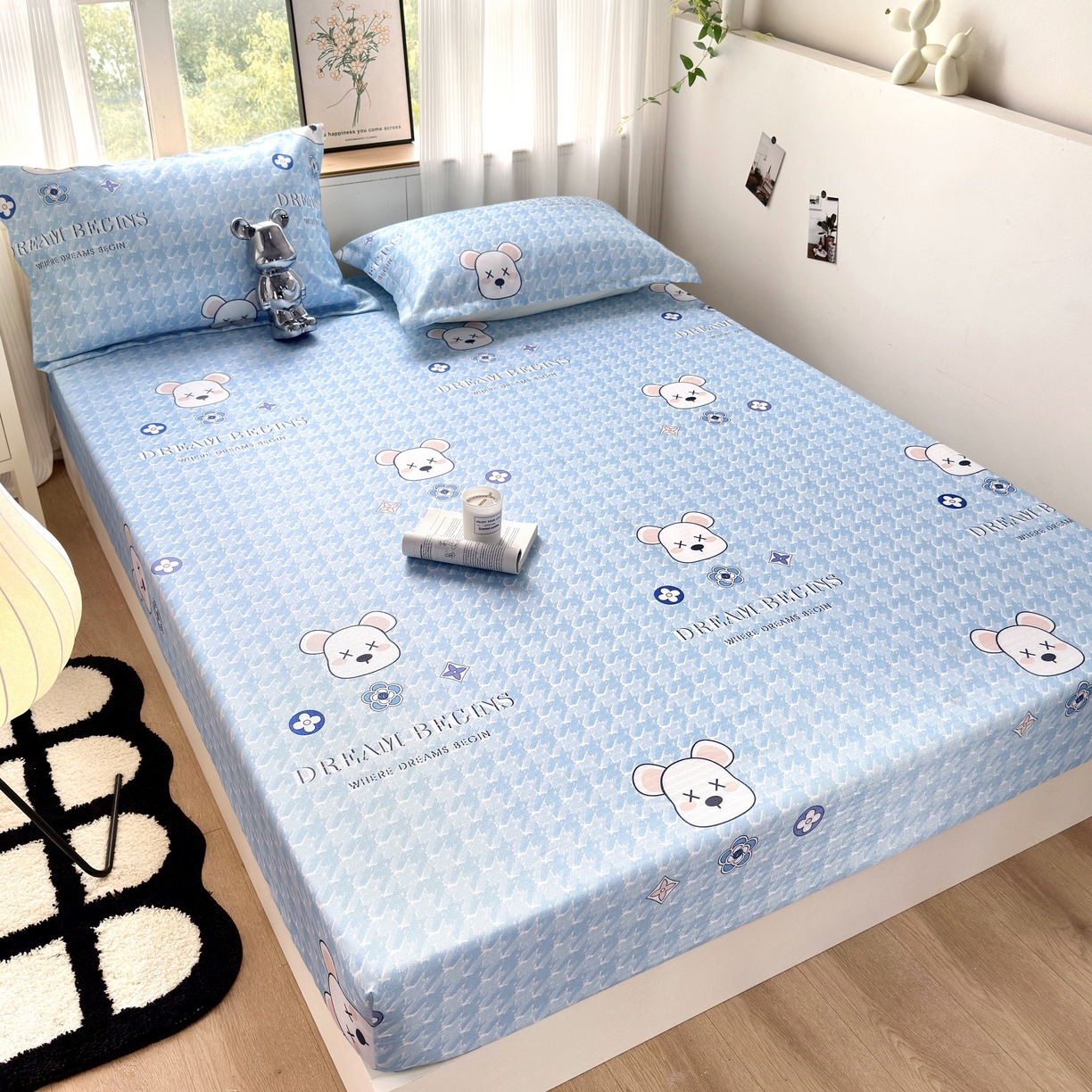 91家纺网 家纺一手货源 找家纺 乐居家纺 2025新款亲肤舒适活性印染水洗冰丝床笠 千鸟格熊-蓝