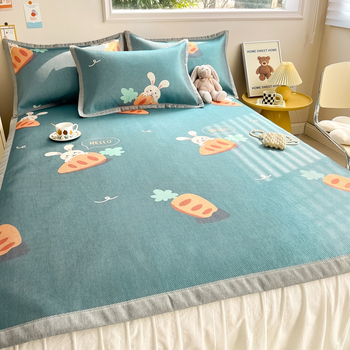 91家纺网 家纺一手货源 找家纺 典曼家纺 2025春夏新款250D冰丝宽边圆网冰丝凉席席子 萝卜兔