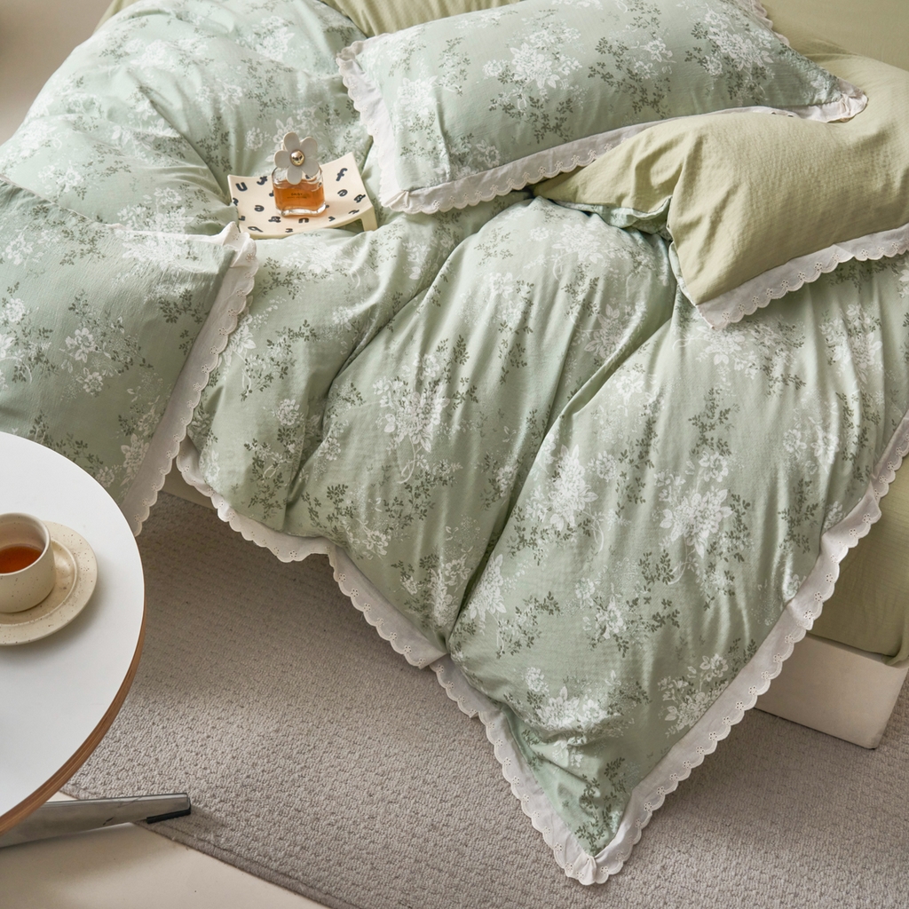 91家纺网 家纺一手货源 找家纺 漫仙阁家纺 2025新款双层纱花边款韩版四件套 绿意