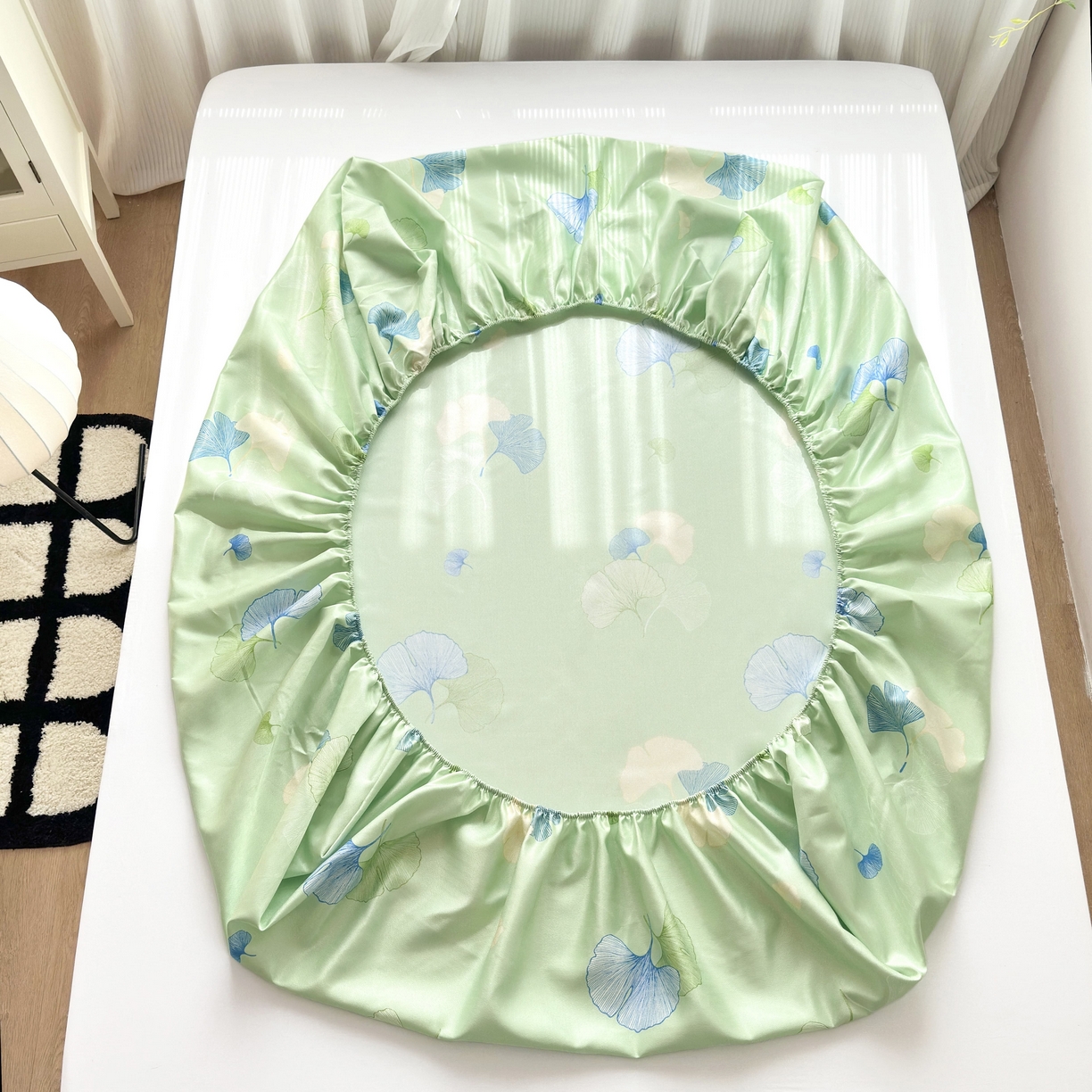 91家纺网 家纺一手货源 找家纺 乐居家纺 2025新款亲肤舒适活性印染水洗冰丝床笠 银杏叶-绿